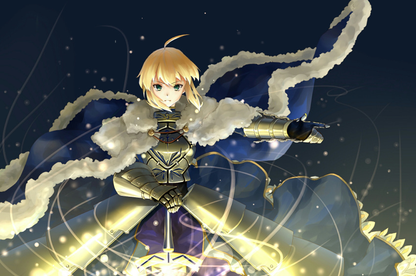1girl ahoge armor armored_dress artoria_pendragon_(all) blonde_hair blue_dress capelet dress excalibur eyebrows_visible_through_hair fate/stay_night fate_(series) gauntlets green_eyes highres holding holding_sword holding_weapon index_finger_raised looking_at_viewer noyya outstretched_arm saber short_hair_with_long_locks sidelocks solo standing sword weapon