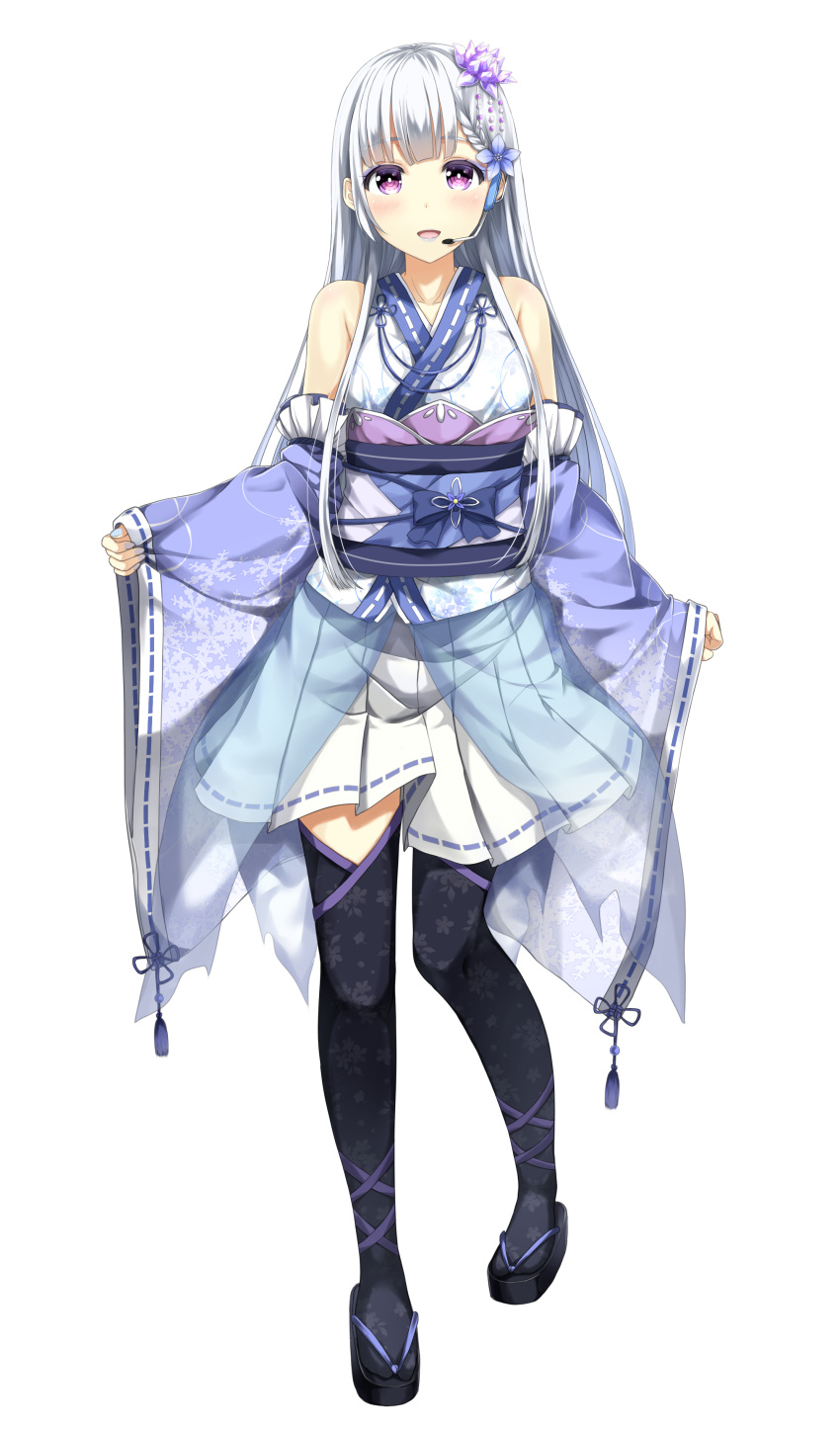 1girl absurdres blue_hair detached_sleeves hair_ornament highres idol japanese_clothes kimono kinakomochi_(egoist) long_hair looking_at_viewer nontraditional_miko obi original ribbon-trimmed_sleeves ribbon_trim sash smile solo standing violet_eyes wide_sleeves yuki_onna