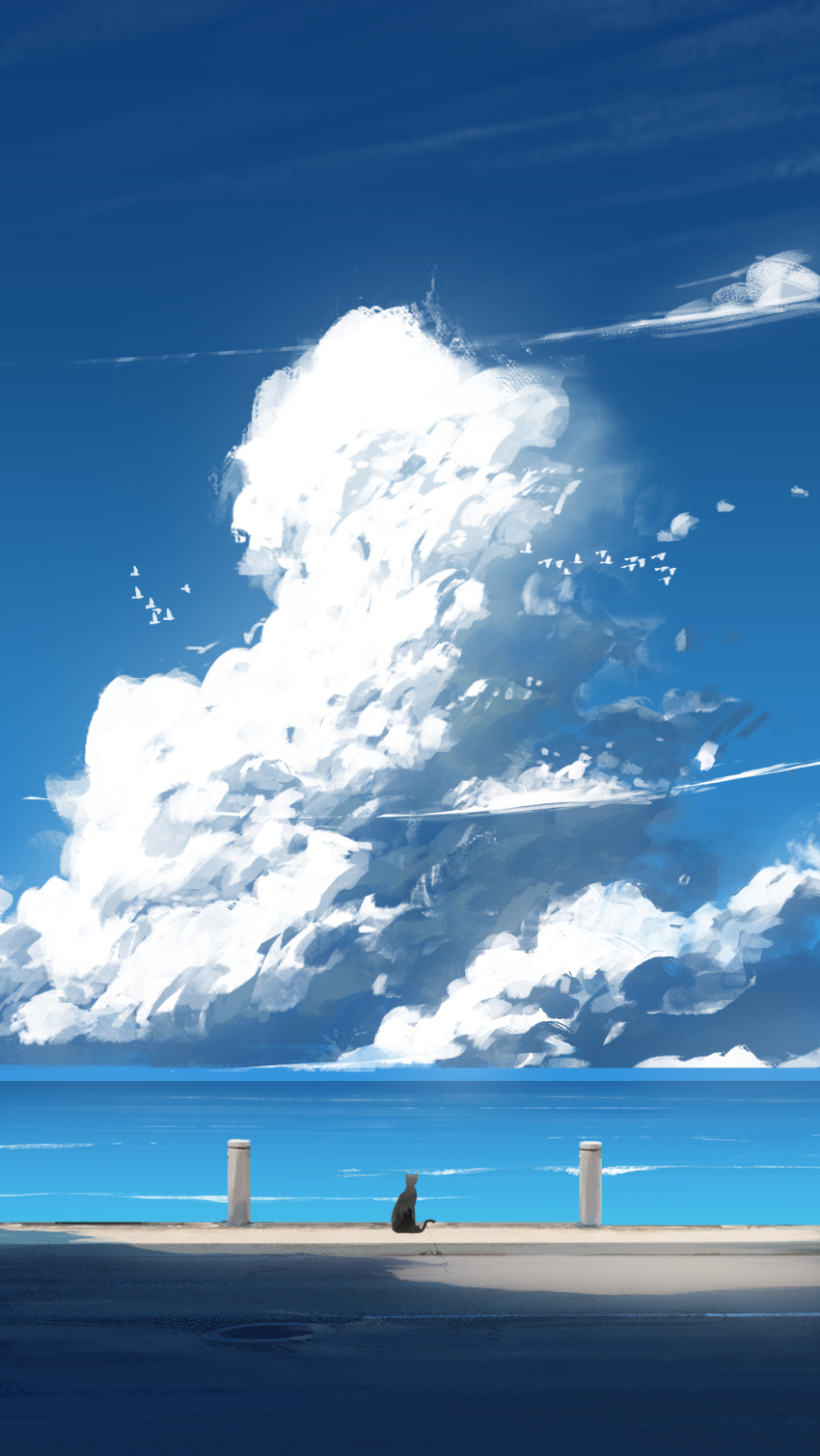 absurdres asuteroid black_cat blue_sky cat clouds commentary_request highres horizon no_humans ocean original outdoors painting road scenery sky summer waves