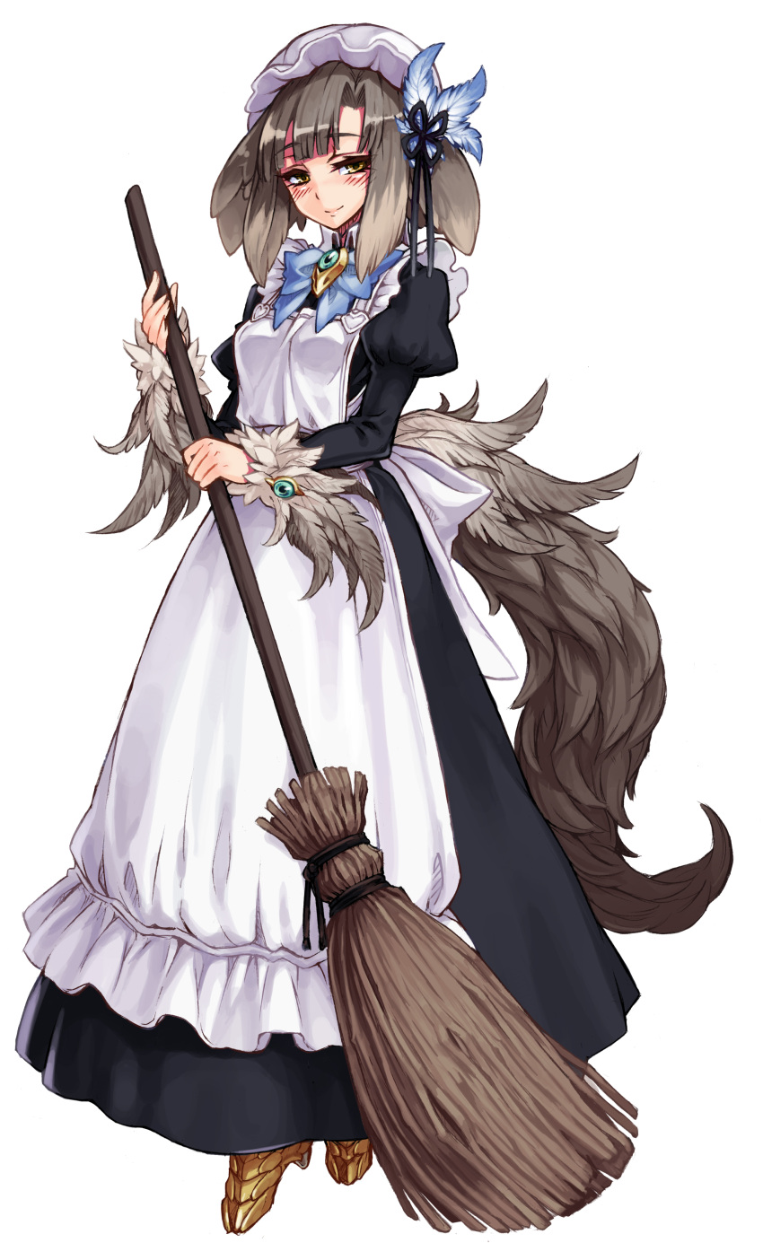 1girl absurdres animal_ears apron blush broom brown_hair dog_ears feathers full_body hair_ornament highres kenkou_cross kikimora_(monster_girl_encyclopedia) looking_at_viewer maid maid_apron monster_girl_encyclopedia official_art ribbon simple_background smile solo tail white_background yellow_eyes