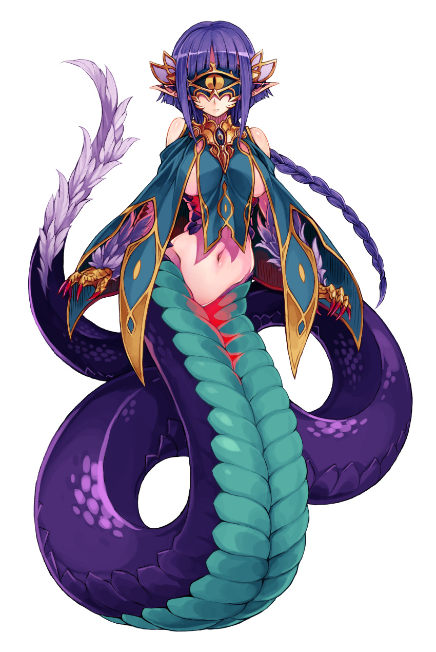 1girl absurdres bare_shoulders basilisk_(monster_girl_encyclopedia) blindfold braid breasts expressionless feathers highres jewelry kenkou_cross lamia large_breasts long_hair monster_girl monster_girl_encyclopedia navel paws pointy_ears purple_hair single_braid solo transparent_background very_long_hair