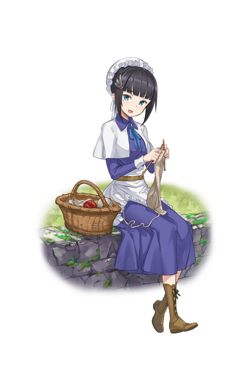 1girl :d bangs basket black_hair blue_eyes blunt_bangs boots brown_boots capelet grass hair_ornament hair_up highres josie_rosebud knitting knitting_needle looking_at_viewer maid_cap needle official_art on_wall open_mouth princess_principal princess_principal_game_of_mission sitting smile solo yarn_ball