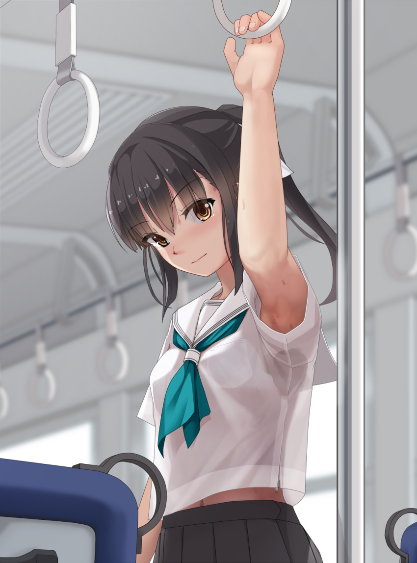 1girl aqua_neckerchief arm_up armpit_peek armpits bangs black_hair black_skirt blouse blush breast_pocket brown_eyes bus_interior closed_mouth eto eyebrows_visible_through_hair highres holding long_hair looking_at_viewer navel neckerchief original pleated_skirt pocket ponytail revision ribbon school_uniform see-through_silhouette serafuku shirt short_sleeves skirt solo stain stained_clothes sweat sweat_stain train_interior tsurime upper_body wet wet_clothes wet_shirt white_blouse white_shirt zipper