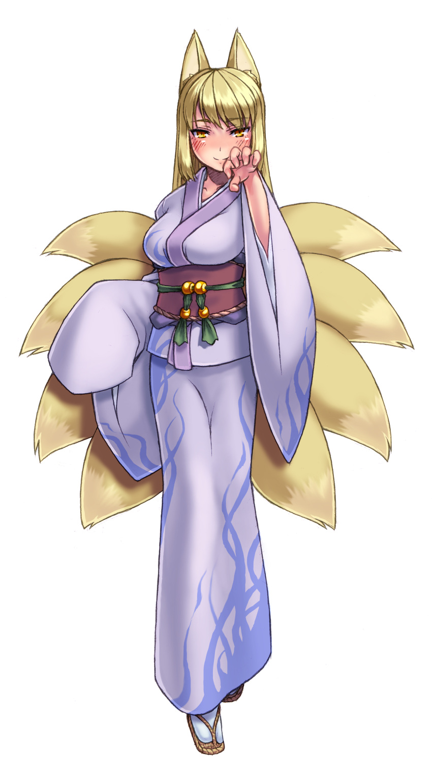 1girl absurdres animal_ears blonde_hair blush claw_pose eyebrows_visible_through_hair fox_ears fox_tail full_body highres inari_(monster_girl_encyclopedia) japanese_clothes kenkou_cross kimono kitsune looking_at_viewer monster_girl monster_girl_encyclopedia multiple_tails official_art simple_background smile solo tail white_background yellow_eyes