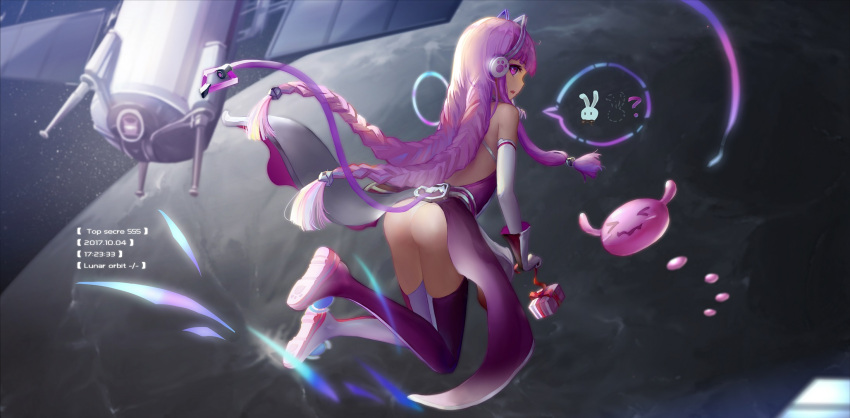 1girl 300_heroes bare_shoulders cat_ear_headphones elbow_gloves from_behind gloves headphones highres long_hair looking_at_viewer looking_back purple_hair solo tail thigh-highs timi_(300_heroes) wangchuan_de_quanyan