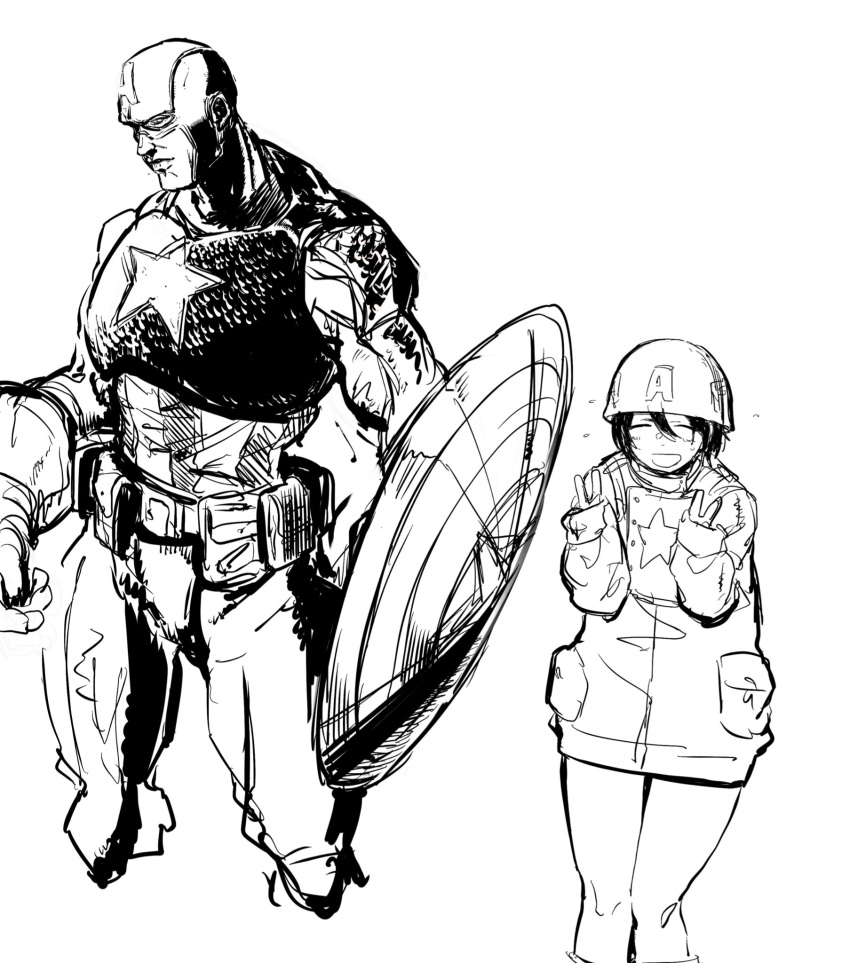 1girl captain_america cosplay greyscale helmet highres kotoyama marvel monochrome no_pants shield short_hair solo
