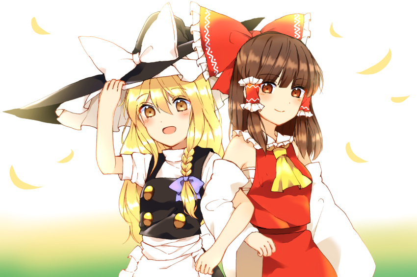 2girls :d apron ascot blonde_hair blouse blush bow braid breasts brown_hair detached_sleeves hair_bow hair_tubes hakurei_reimu hand_on_headwear hat height_difference highres kirisame_marisa locked_arms long_hair looking_at_viewer medium_breasts multiple_girls open_mouth puffy_short_sleeves puffy_sleeves red_eyes sarashi short_sleeves shoulder-to-shoulder side-by-side single_braid smile touhou turtleneck very_long_hair vest waist_apron witch_hat yellow_eyes yururi_nano