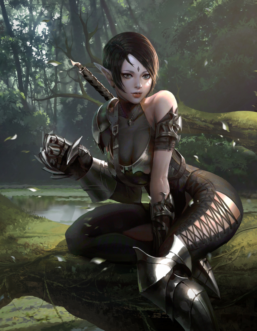 1girl absurdres arm_support armor bangs bare_shoulders between_legs black_hair black_legwear breasts claw_(weapon) cleavage cross-laced_legwear facial_mark forehead_mark forest gauntlets greaves hand_between_legs highres holster jewelry lake leaning_to_the_side leg_between_thighs log looking_at_viewer nature necklace original outdoors parted_bangs pendant pointy_ears realistic short_hair shoulder_armor sidelocks sitting sword weapon young_il_choi