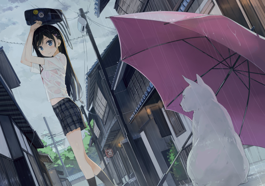 1girl araragikoyomis bag bag_on_head black_hair black_legwear blue_eyes bush cat checkered checkered_skirt clouds cloudy_sky commentary_request day from_side hair_ornament hairclip highres house looking_at_viewer looking_to_the_side object_on_head outdoors pleated_skirt power_lines rain school_bag school_uniform shirt sign skirt sky smile socks standing summer telephone_pole tree umbrella wet wet_clothes white_shirt