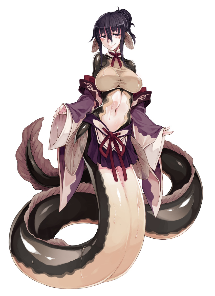 1girl absurdres bangs black_hair blush braid breasts detached_sleeves eel_girl erect_nipples fins french_braid full_body hair_between_eyes hair_bun half-closed_eyes head_fins highres hips japanese_clothes kenkou_cross large_breasts light_smile long_sleeves looking_at_viewer mermaid midriff miniskirt mole mole_under_eye monster_girl monster_girl_encyclopedia naughty_face navel neck_ribbon official_art pelvic_curtain pleated_skirt ribbon sash short_hair_with_long_locks sidelocks simple_background skirt sleeves_past_wrists smile solo standing tail taut_clothes turtleneck unagi_jorou_(monster_girl_encyclopedia) violet_eyes wet white_background wide_sleeves