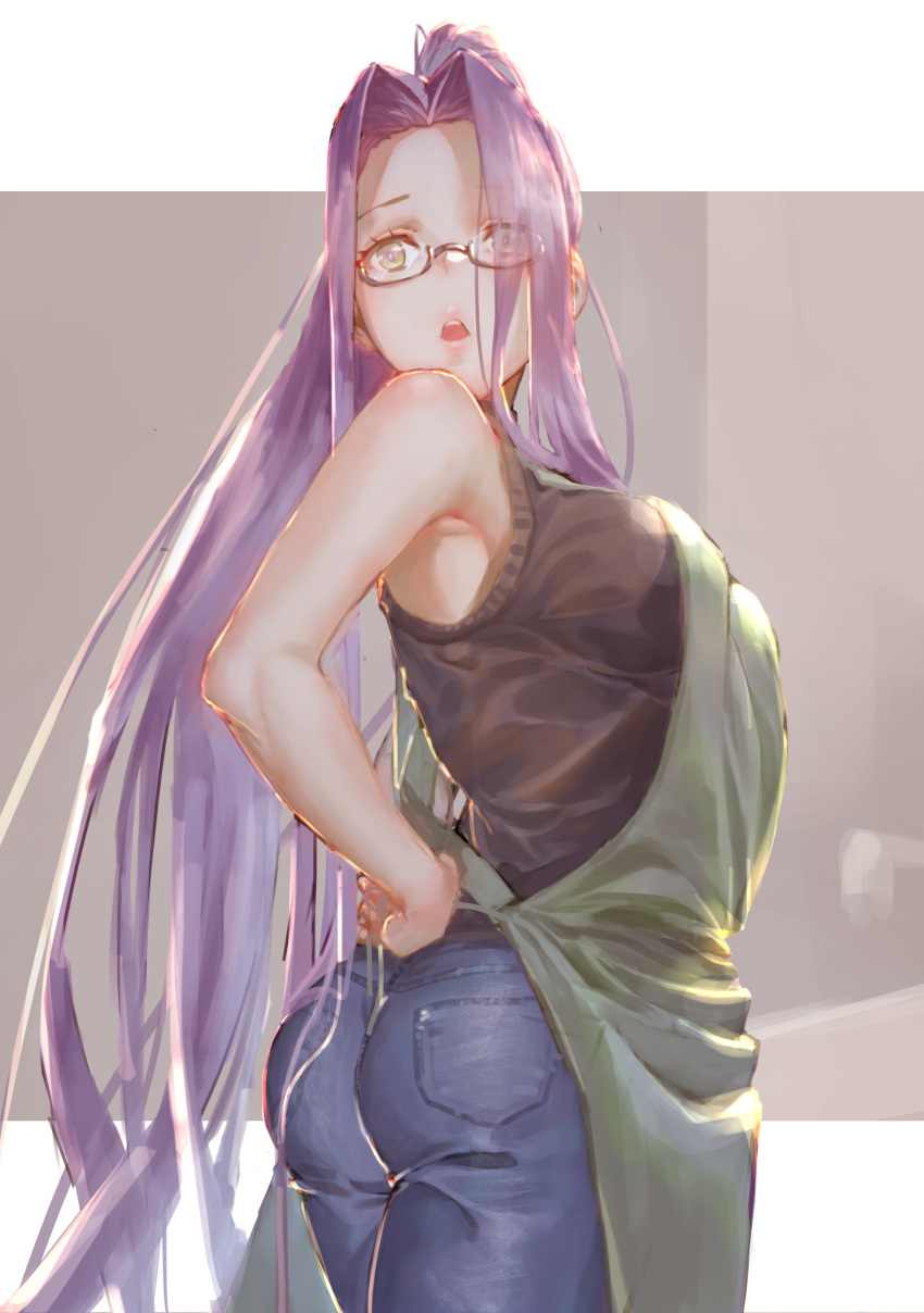 1girl absurdres adjusting_clothes apron ass bare_arms black-framed_eyewear breasts commentary_request cowboy_shot denim fate/stay_night fate_(series) glasses hair_intakes highres jeans large_breasts long_hair looking_at_viewer looking_back open_mouth pants ponytail purple_hair rider rolua sleeveless solo teeth twisted_torso two-tone_background very_long_hair yellow_eyes