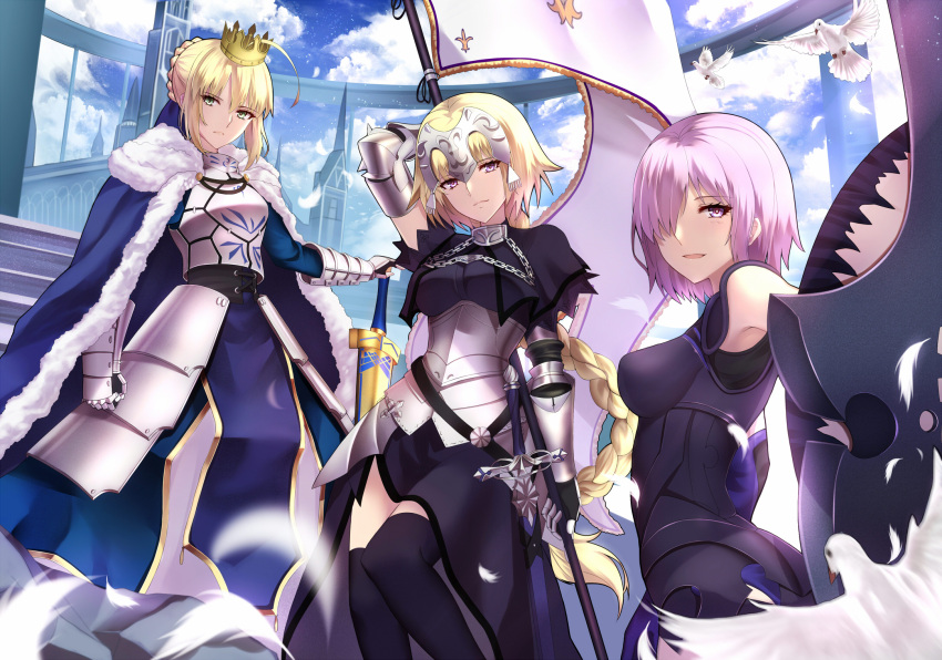 3girls ahoge armor armored_dress artoria_pendragon_(all) bangs black_legwear blonde_hair blurry blush braid breastplate breasts cloak closed_mouth crown day depth_of_field excalibur fate/apocrypha fate/grand_order fate/stay_night fate_(series) faulds feathers french_braid fur_trim gauntlets green_eyes hair_over_one_eye headpiece highres holding_shield long_hair looking_at_viewer medium_breasts multiple_girls outdoors parted_lips ruler_(fate/apocrypha) saber serious sheath sheathed shield shielder_(fate/grand_order) shiguru short_hair sidelocks single_braid smile standard_bearer sword thigh-highs tsurime very_long_hair violet_eyes weapon
