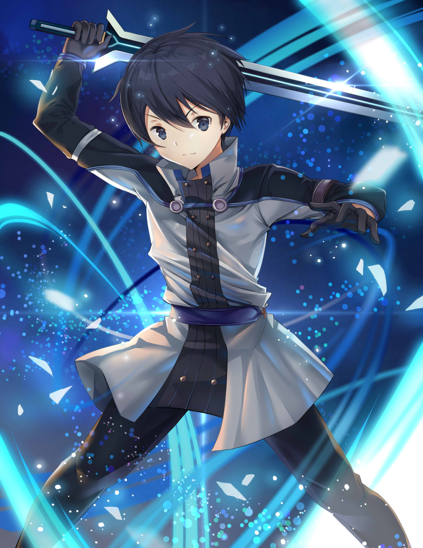 1boy absurdres arm_up bangs black_eyes black_gloves black_hair black_pants blue_background blue_belt closed_mouth commentary_request diffraction_spikes fighting_stance glint gloves grey_jacket hair_between_eyes hand_up high_collar highres holding holding_sword holding_weapon kirito legs_apart light_particles long_sleeves looking_at_viewer male_focus pants solo standing sword sword_art_online sword_art_online_the_movie:_ordinal_scale taro_(ultrataro) weapon wind