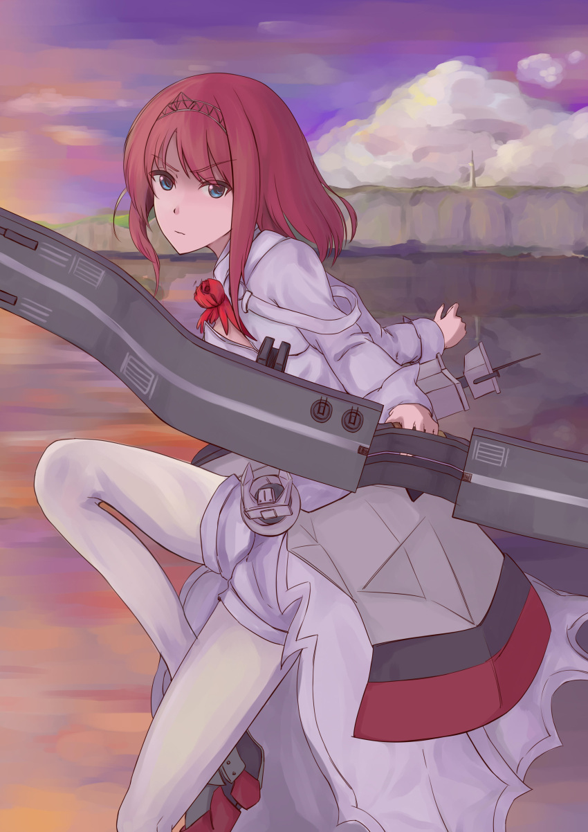 1girl absurdres anique ark_royal_(kantai_collection) blue_eyes blurry blurry_background bob_cut boots bow_(weapon) cliff clouds compound_bow evening expressionless eyebrows_visible_through_hair highres holding holding_weapon jacket kantai_collection lighthouse long_sleeves ocean one_leg_raised overskirt pantyhose red_ribbon redhead ribbon rigging short_hair shorts solo tiara weapon white_jacket white_legwear white_shorts