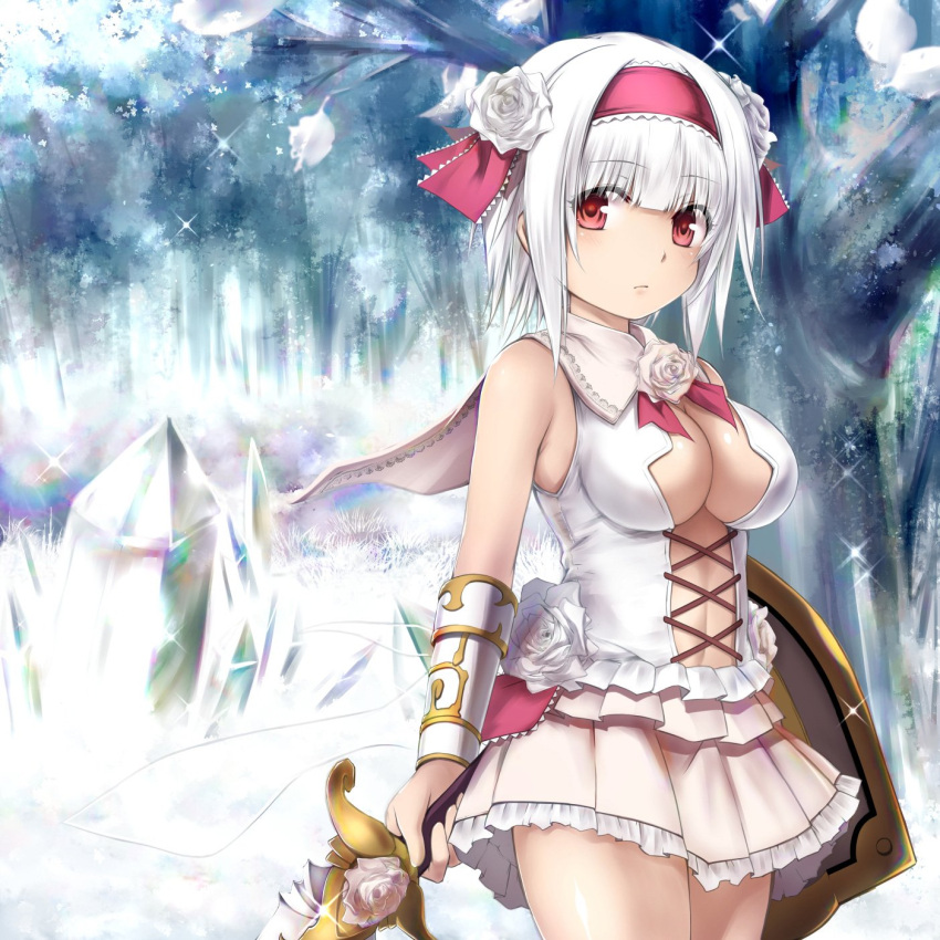1girl breasts commentary_request cowboy_shot crystal flower flower_knight_girl frilled_skirt frills hair_flower hair_ornament hairband highres kuromayu looking_at_viewer medium_breasts red_eyes royal_princess_(flower_knight_girl) shield short_hair skirt solo sword vambraces weapon white_hair