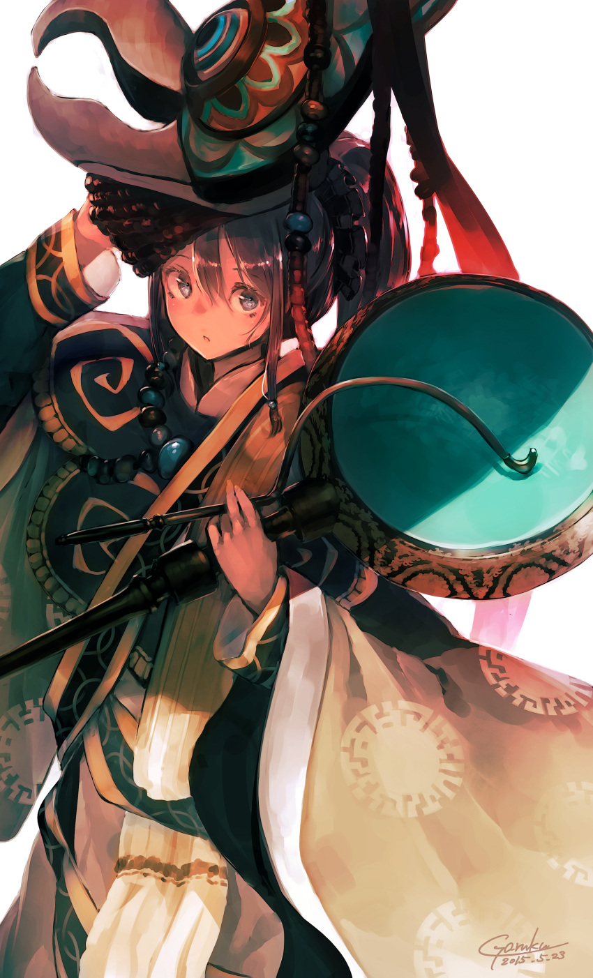 1girl absurdres arm_up artist_name bangs black_hair blue_eyes dated drum garuku hair_between_eyes hand_up hat highres holding holding_instrument instrument long_hair looking_at_viewer original parted_lips ponytail rnga signature simple_background solo tibetan_clothes traditional_clothes white_background