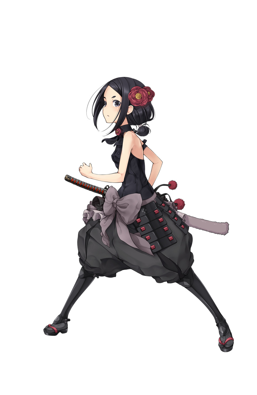 1girl bare_shoulders black_eyes black_hair black_legwear bow breasts eyebrows flower full_body grey_bow hair_flower hair_ornament highres katana looking_at_viewer official_art princess_principal princess_principal_game_of_mission sandals short_hair sleeveless small_breasts solo standing sword toudou_chise weapon wide_stance