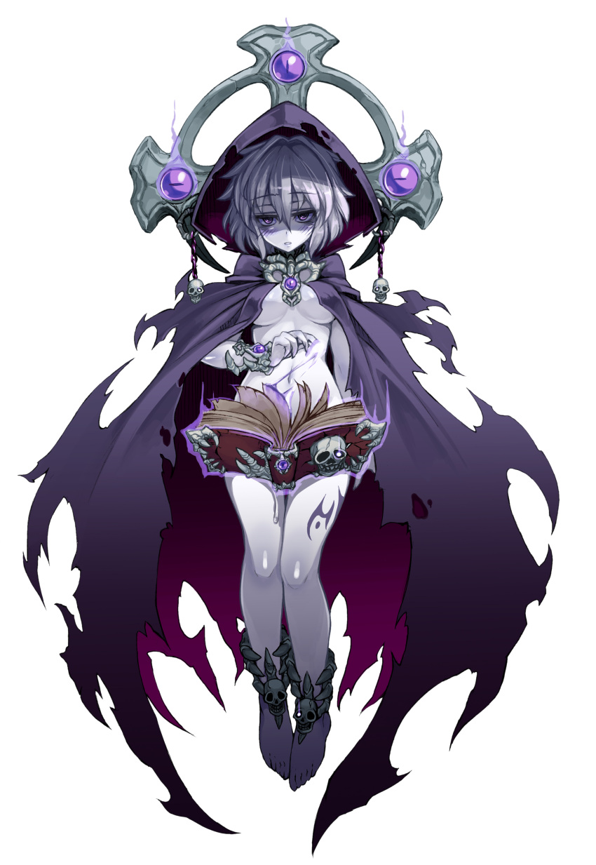 1girl absurdres book breasts celtic_cross gem glowing glowing_eyes gothic hair_between_eyes highres hood jewelry kenkou_cross lich_(monster_girl_encyclopedia) looking_at_viewer medium_breasts monster_girl monster_girl_encyclopedia naked_cloak navel pale_skin short_hair silver_hair tattoo transparent_background undead violet_eyes