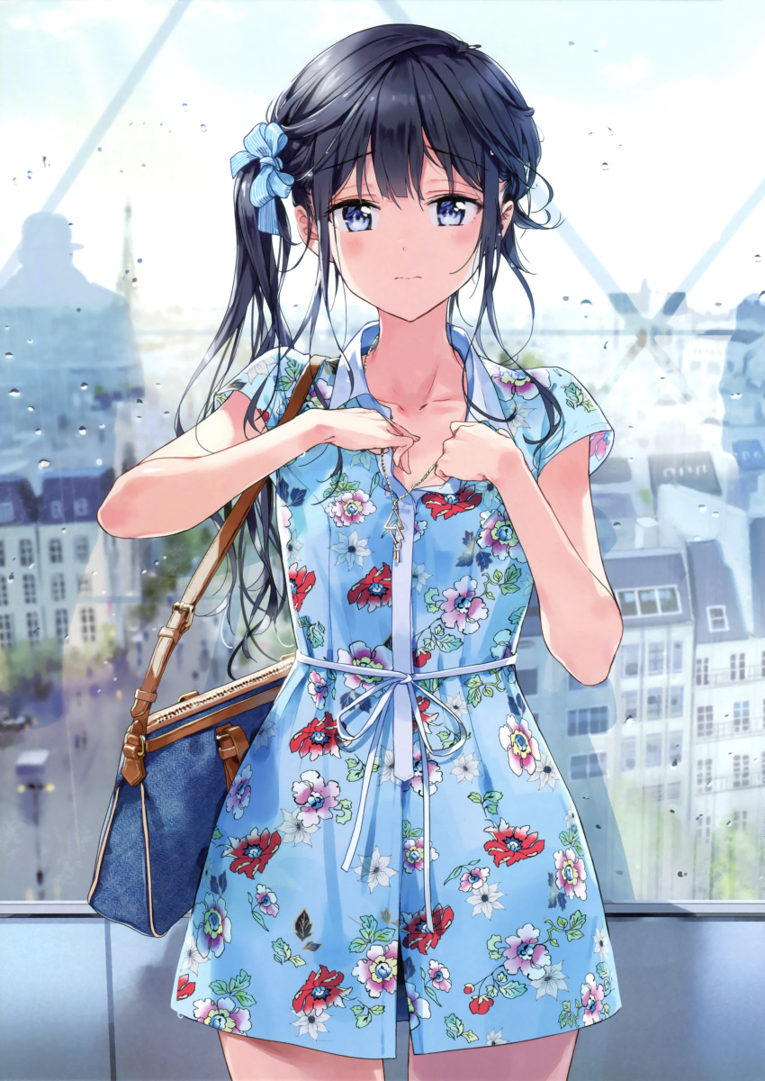 1girl absurdres adagaki_aki bag black_hair blue_eyes blush bottle bow building closed_mouth collarbone cowboy_shot dress fang floral_print highres jewelry long_hair looking_at_viewer masamune-kun_no_revenge necklace reflection sash scan side_ponytail skirt standing striped striped_bow tiv water_bottle