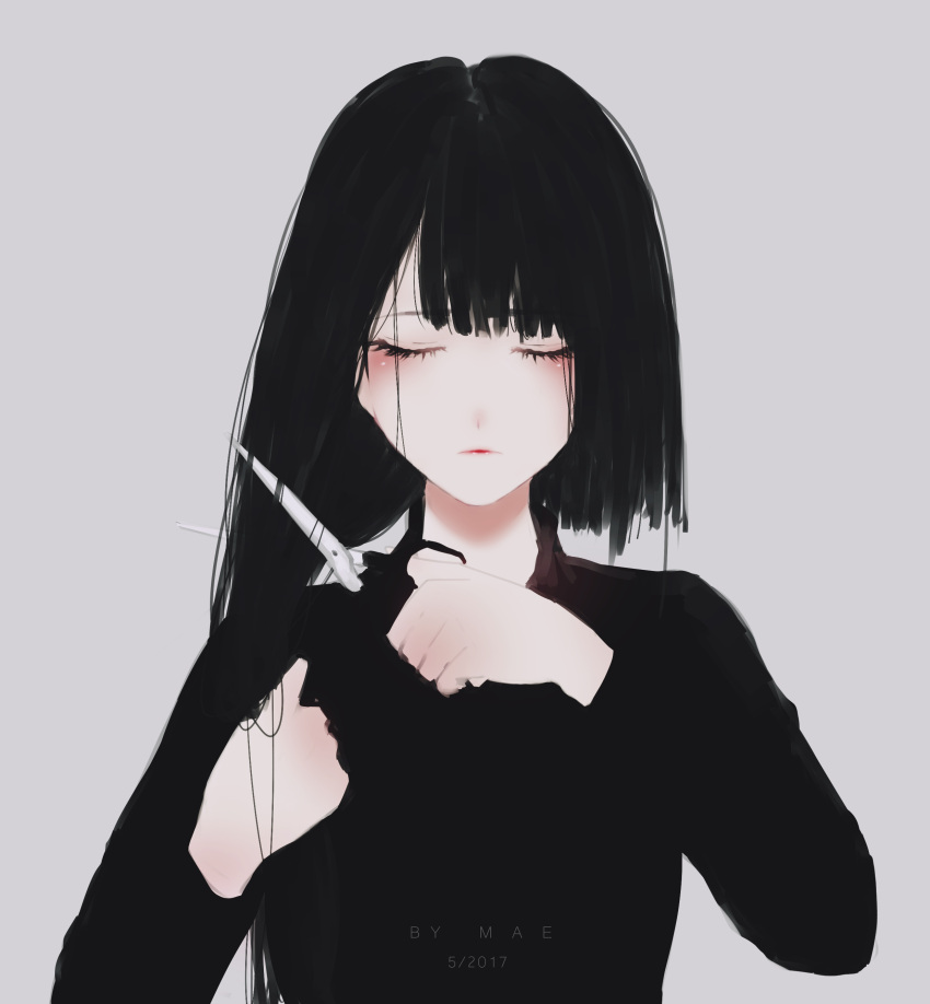 1girl absurdres aoi_ogata_(style) arms_up artist_name bangs black_hair black_shirt blush borrowed_character closed_eyes closed_mouth cutting_hair dated eyelashes facing_viewer highres holding holding_scissors kiraiko kyrie_meii long_hair long_sleeves original pale_skin scissors shirt solo upper_body watermark