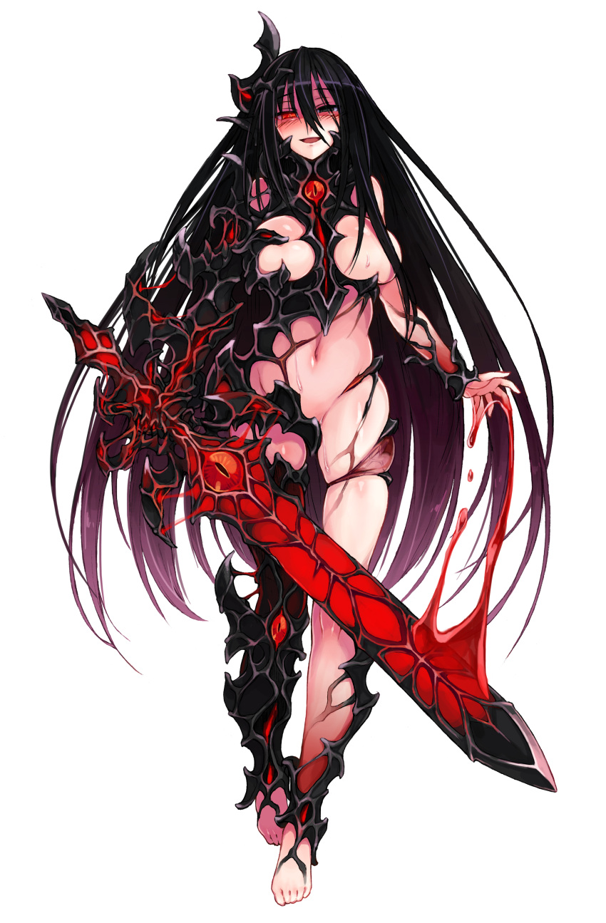 1girl absurdres barefoot black_eyes black_hair breasts cursed_sword_(monster_girl_encyclopedia) evil_smile full_body gradient_hair heterochromia highres holding holding_sword holding_weapon kenkou_cross large_breasts long_hair looking_at_viewer monster_girl_encyclopedia multicolored_hair navel official_art purple_hair red_eyes revealing_clothes smile solo standing sword toes unsheathed very_long_hair warrior weapon