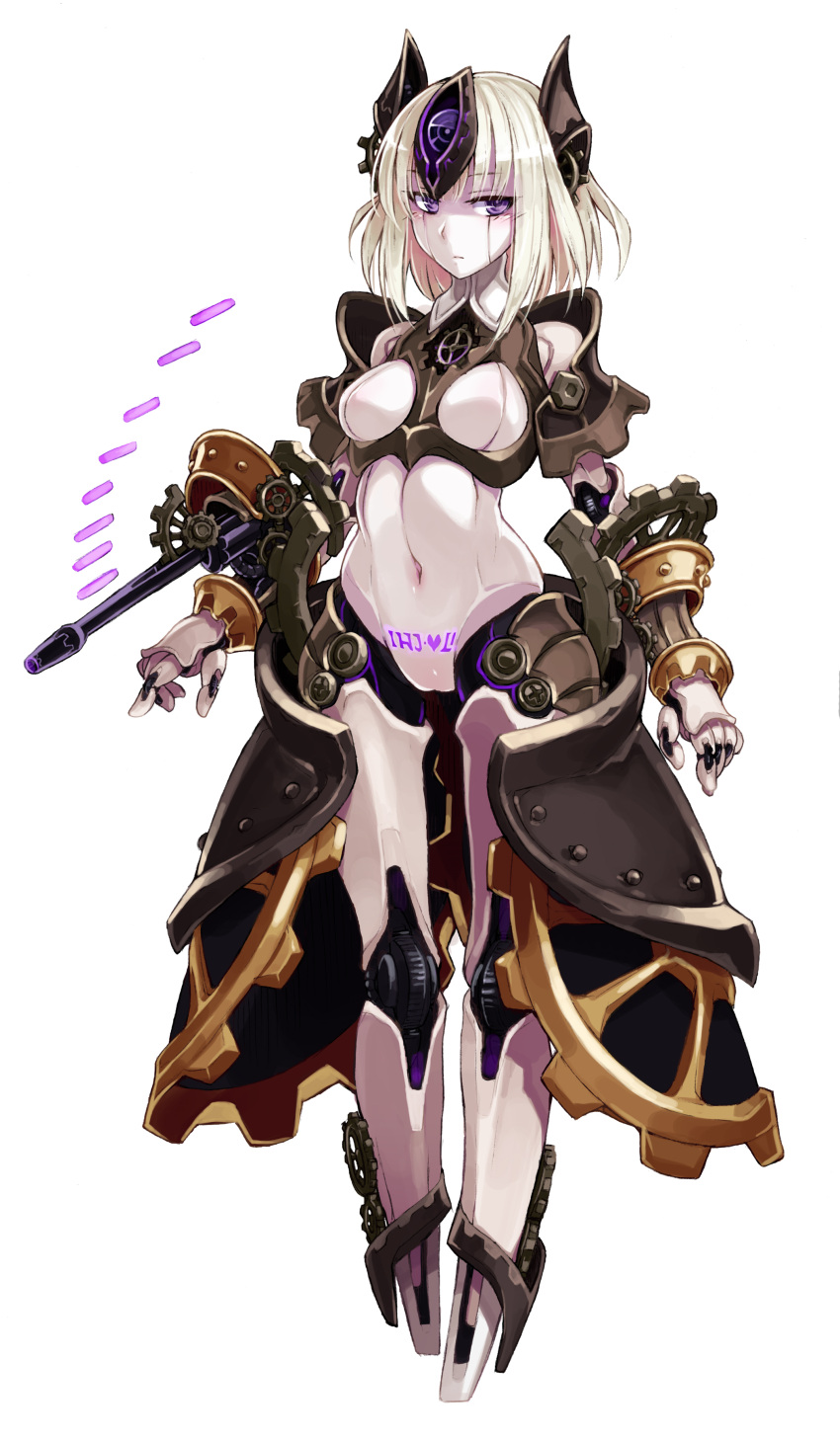 1girl absurdres android armor automaton_(monster_girl_encyclopedia) blonde_hair body_writing breasts bullet full_body gears gun highres kenkou_cross looking_at_viewer medium_breasts monster_girl_encyclopedia navel no_feet official_art pubic_tattoo robot robot_ears robot_joints short_hair simple_background solo standing steampunk tattoo violet_eyes weapon white_background white_hair