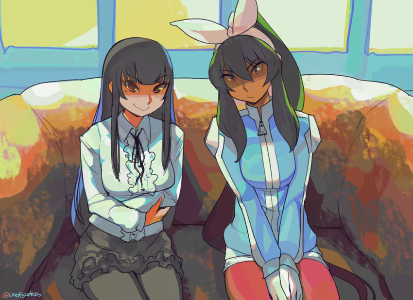 2girls black_hair black_ribbon blue_revolver couch eric_muentes hair_ribbon high_ponytail looking_at_viewer madeline_(eric_muentes) mole mole_under_eye multiple_girls original red_legwear ribbon sidelocks sitting smile v_arms valerie_(blue_revolver)