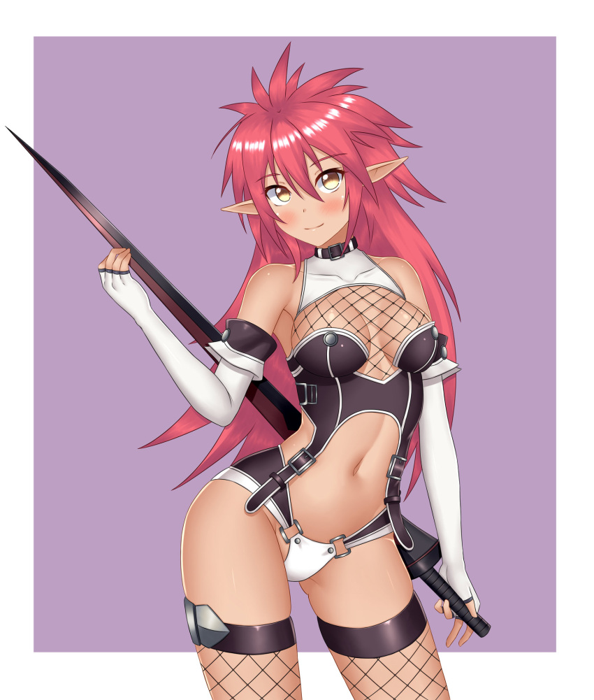 1girl agarest_senki agarest_senki_(series) armor bangs bare_shoulders blush breasts brown_eyes chechoski closed_mouth collar collarbone dark_skin elbow_gloves elf eyebrows_visible_through_hair fingerless_gloves fishnet_legwear fishnets gloves gradient_eyes hair_between_eyes highres holding holding_sword holding_weapon lavinia_(agarest_senki) long_hair long_pointy_ears looking_at_viewer medium_breasts multicolored multicolored_eyes navel navel_cutout outside_border pointy_ears redhead shiny shiny_hair shiny_skin simple_background smile solo spiky_hair standing sword sword_behind_back thigh-highs weapon white_border white_gloves yellow_eyes