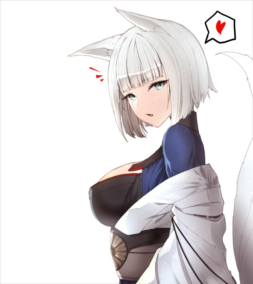 /\/\/\ animal_ears azur_lane bangs bilan_hangxian blue_eyes blunt_bangs breasts eyebrows_visible_through_hair eyeliner fang fox_ears fox_tail from_side heart highres kaga_(bilan_hangxian) large_breasts limeblock makeup obi off_shoulder parted_lips sash short_hair silver_hair simple_background spoken_heart tail tsurime white_background