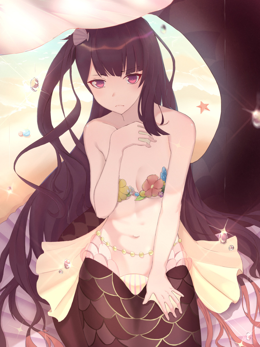 1girl asymmetrical_bangs bangs beach blunt_bangs blush breasts closed_mouth collarbone dankesang day eyebrows_visible_through_hair girls_frontline hand_on_own_chest highres kneeling long_hair looking_at_viewer mermaid monster_girl navel one_side_up outdoors purple_hair seashell seashell_hair_ornament shell small_breasts solo starfish tsurime very_long_hair violet_eyes wa2000_(girls_frontline) water_drop webbed_hands