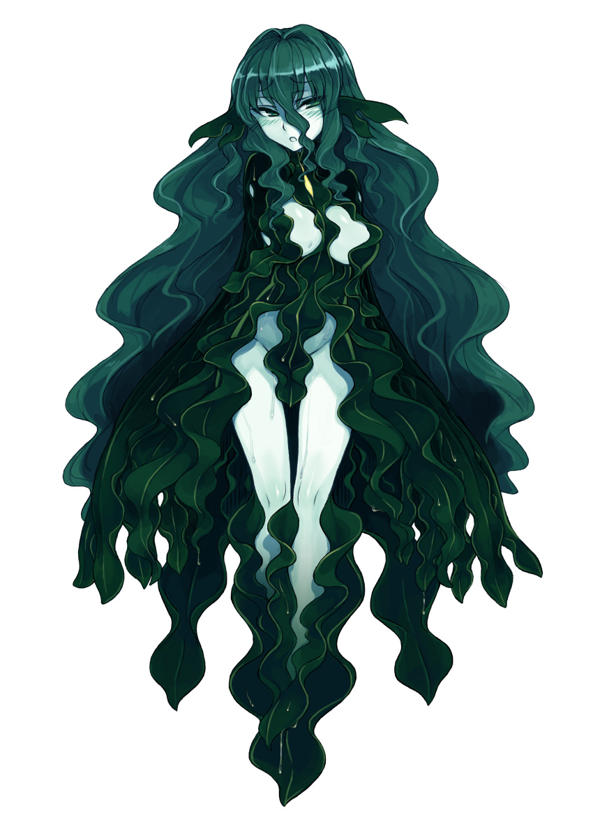 1girl :o absurdres bare_legs blush eyebrows_visible_through_hair flow_kelp full_body green green_eyes green_hair green_skin groin hair_between_eyes highres kenkou_cross long_hair looking_at_viewer monster_girl monster_girl_encyclopedia official_art open_mouth pale_skin parted_lips plant_girl simple_background solo standing very_long_hair water_drop wavy_hair wet white_background