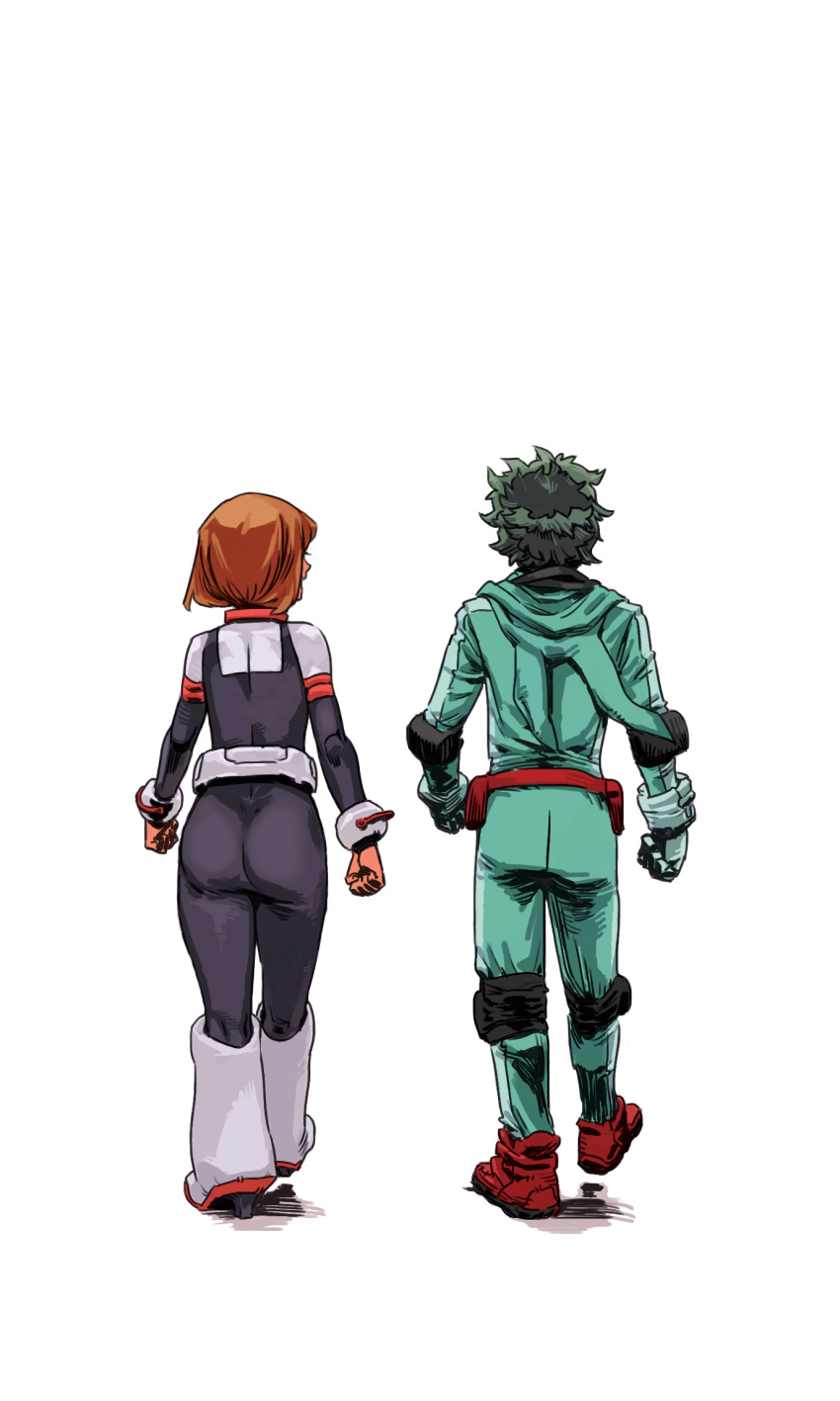 1boy 1girl archvermin bodysuit boku_no_hero_academia boots brown_hair commentary facing_away from_behind full_body gloves green_hair high_heel_boots high_heels highres knee_boots midoriya_izuku red_shoes shoes short_hair simple_background uraraka_ochako walking white_background