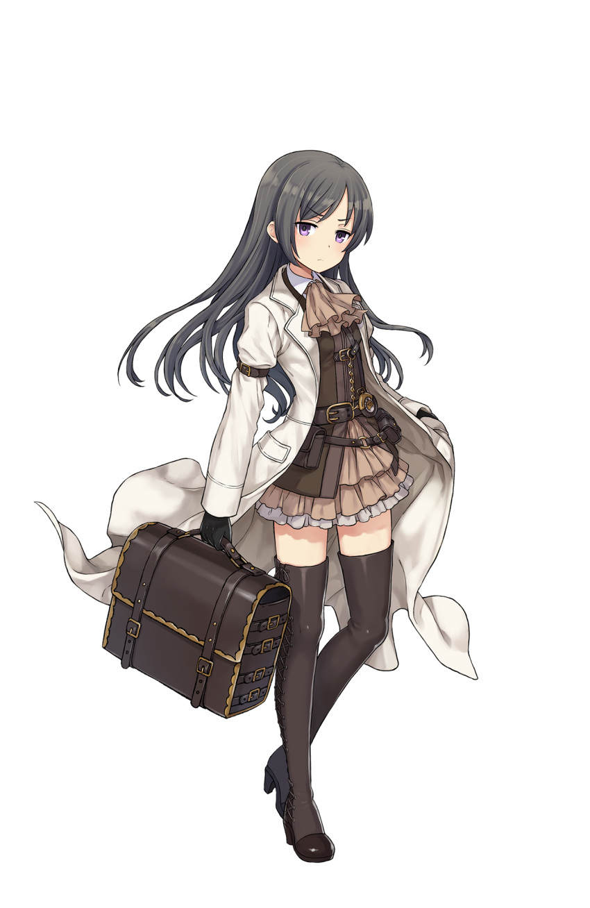 1girl arm_belt belt belt_pouch black_gloves black_hair black_legwear boots brown_skirt cravat frilled_skirt frills full_body gloves high_heel_boots high_heels highres jacket long_hair looking_at_viewer official_art pocket pocket_watch princess_principal princess_principal_game_of_mission skirt solo sophie_mackenzie standing suitcase thigh-highs thigh_boots violet_eyes watch