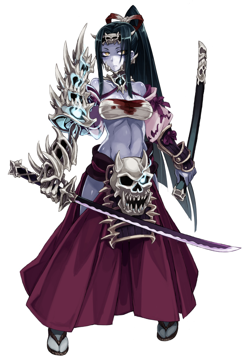 1girl absurdres black_hair blood blood_stain blue_skin blush bone breasts closed_mouth frown full_body glowing glowing_eye hair_ribbon hakama hakama_skirt highres hip_vent holding holding_sword holding_weapon japanese_clothes katana kenkou_cross large_breasts long_hair looking_at_viewer monster_girl monster_girl_encyclopedia navel ochimusha_(monster_girl_encyclopedia) official_art ponytail ribbon sheath simple_background skeletal_arm skull solo sword teeth unsheathed weapon white_background yellow_eyes