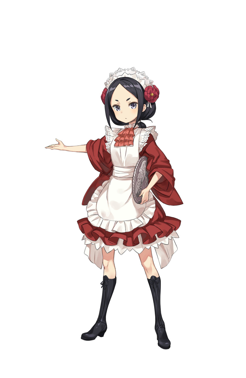 1girl apron black_boots black_hair boots eyebrows flower full_body hair_flower hair_ornament highres holding holding_tray knee_boots looking_at_viewer maid_apron maid_headdress official_art princess_principal princess_principal_game_of_mission solo standing toudou_chise tray wide_sleeves