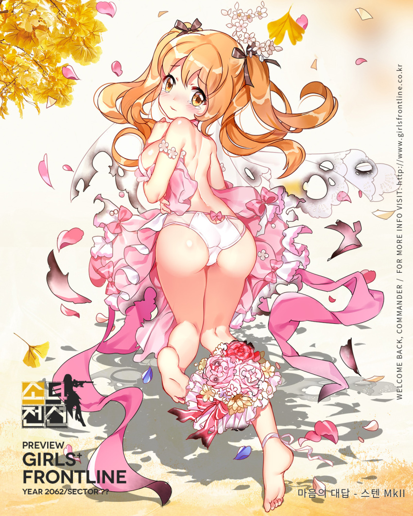 1girl ass blonde_hair blush bow bow_panties breasts character_name copyright_name dress full_body girls_frontline highres korean looking_at_viewer looking_back medium_breasts official_art panties petals solo sten_mk2_(girls_frontline) tears torn_clothes twintails underwear wedding_dress white_panties