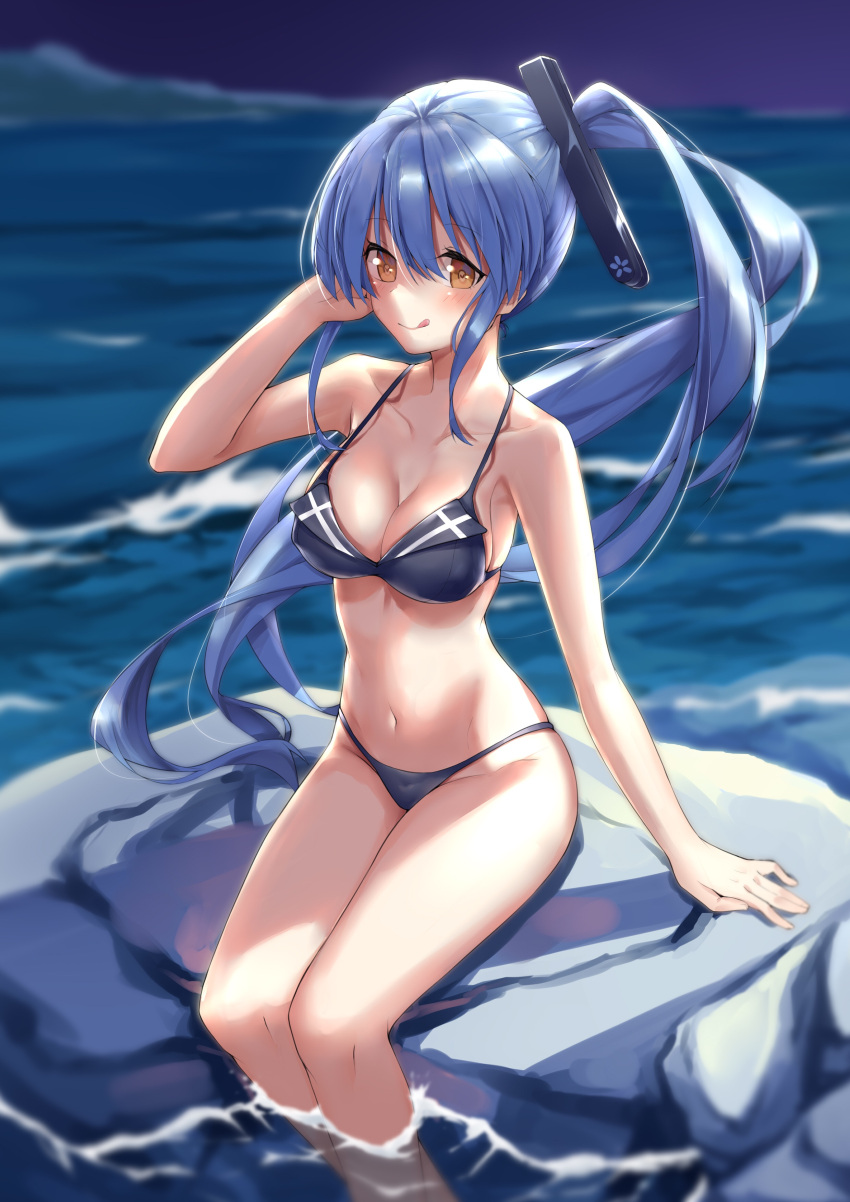 1girl absurdres arashi_(zhan_jian_shao_nyu) arm_support bikini black_bikini blue_hair breasts cyta_celest hair_ornament highres long_hair looking_at_viewer medium_breasts navel outdoors partially_submerged rock side_ponytail sitting solo striped striped_bikini swimsuit water yellow_eyes zhan_jian_shao_nyu