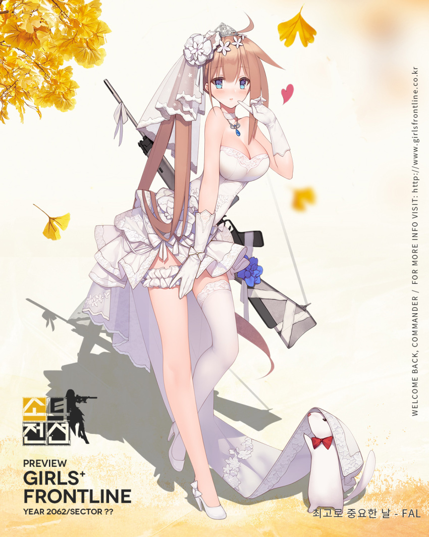 1girl ahoge animal bangs battle_rifle blonde_hair blue_eyes blunt_bangs blush bow bowtie breasts bridal_veil bride broken_heart character_name choker copyright_name dress elbow_gloves eyebrows_visible_through_hair fal_(girls_frontline) finger_to_mouth flower fn_fal full_body garters gem girls_frontline gloves gun hair_between_eyes hair_flower hair_ornament hand_up high_heels highres jewelry knife korean large_breasts leg_up long_hair looking_at_viewer necklace official_art open_mouth rat red_bow red_bowtie rifle shadow shoe_bow shoes short_dress side_ponytail sidelocks single_thighhigh solo standing standing_on_one_leg strapless strapless_dress suisai. thigh-highs tiara veil very_long_hair weapon weapon_on_back wedding_dress white_bow white_dress white_flower white_gloves white_legwear white_shoes