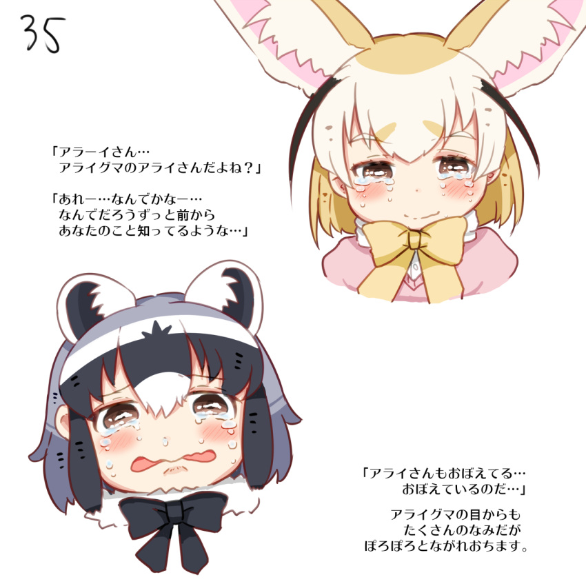 2girls animal_ears biting brown_eyes comic common_raccoon_(kemono_friends) crying crying_with_eyes_open fennec_(kemono_friends) fox_ears happy_tears highres kemono_friends lip_biting multiple_girls page_number raccoon_ears shima_noji_(dash_plus) simple_background smile tears translated white_background