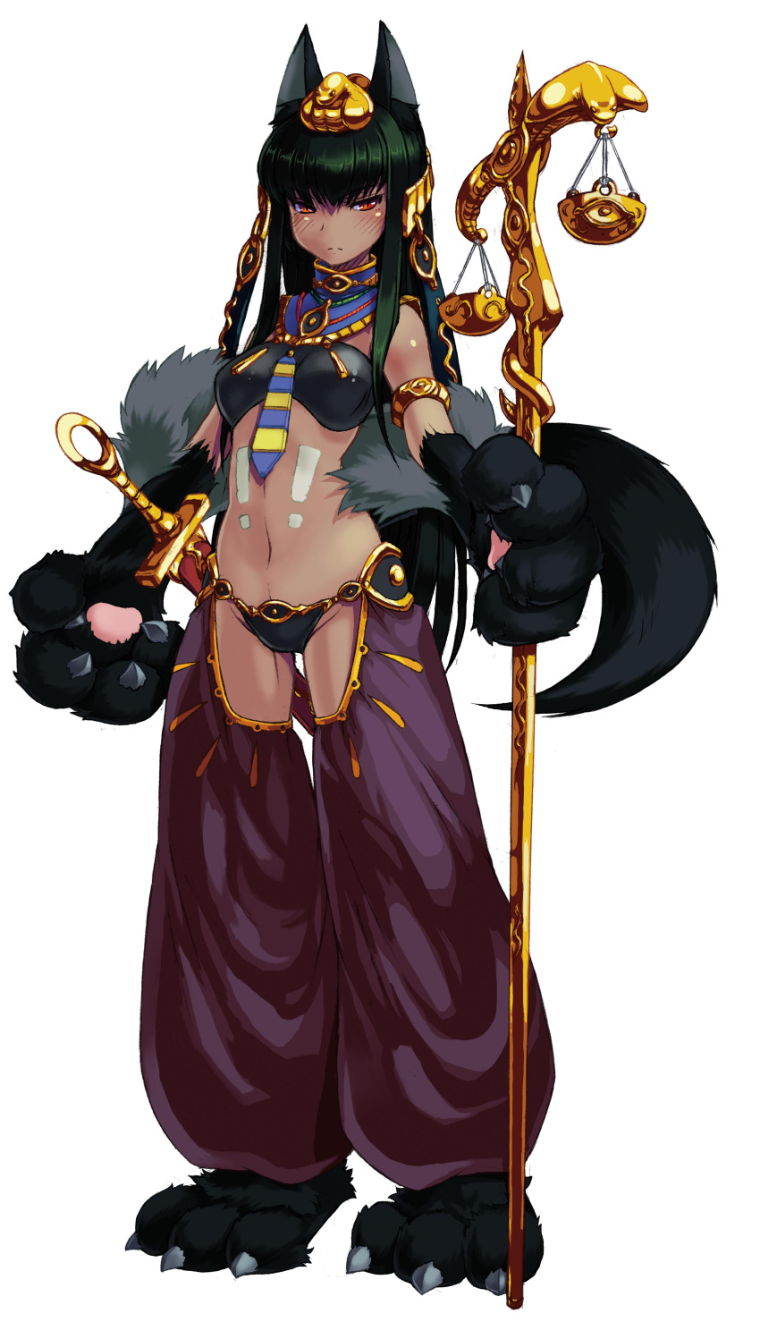 1girl absurdres animal_ears anubis anubis_(monster_girl_encyclopedia) dark_skin dog_ears egyptian egyptian_mythology green_hair highres jackal kenkou_cross long_hair monster_girl monster_girl_encyclopedia navel paws red_eyes sheath sheathed simple_background solo staff sword tail weapon weighing_scale white_background