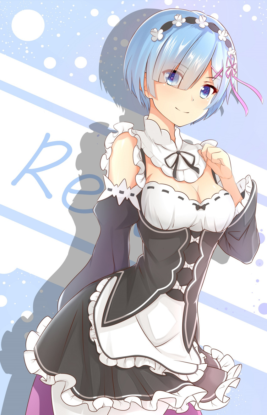 1girl apron arm_behind_back black_ribbon black_skirt blue_eyes blue_hair breasts character_name choker cleavage cowboy_shot detached_sleeves eyes_visible_through_hair flower frilled_apron frilled_skirt frills guanghe_zuoyong_de_de_yezi hair_flower hair_ornament hair_over_one_eye hair_ribbon head_wreath highres medium_breasts neck_ribbon pantyhose pink_ribbon re:zero_kara_hajimeru_isekai_seikatsu rem_(re:zero) ribbon ribbon-trimmed_sleeves ribbon_trim short_hair skirt smile solo standing white_apron white_flower white_legwear