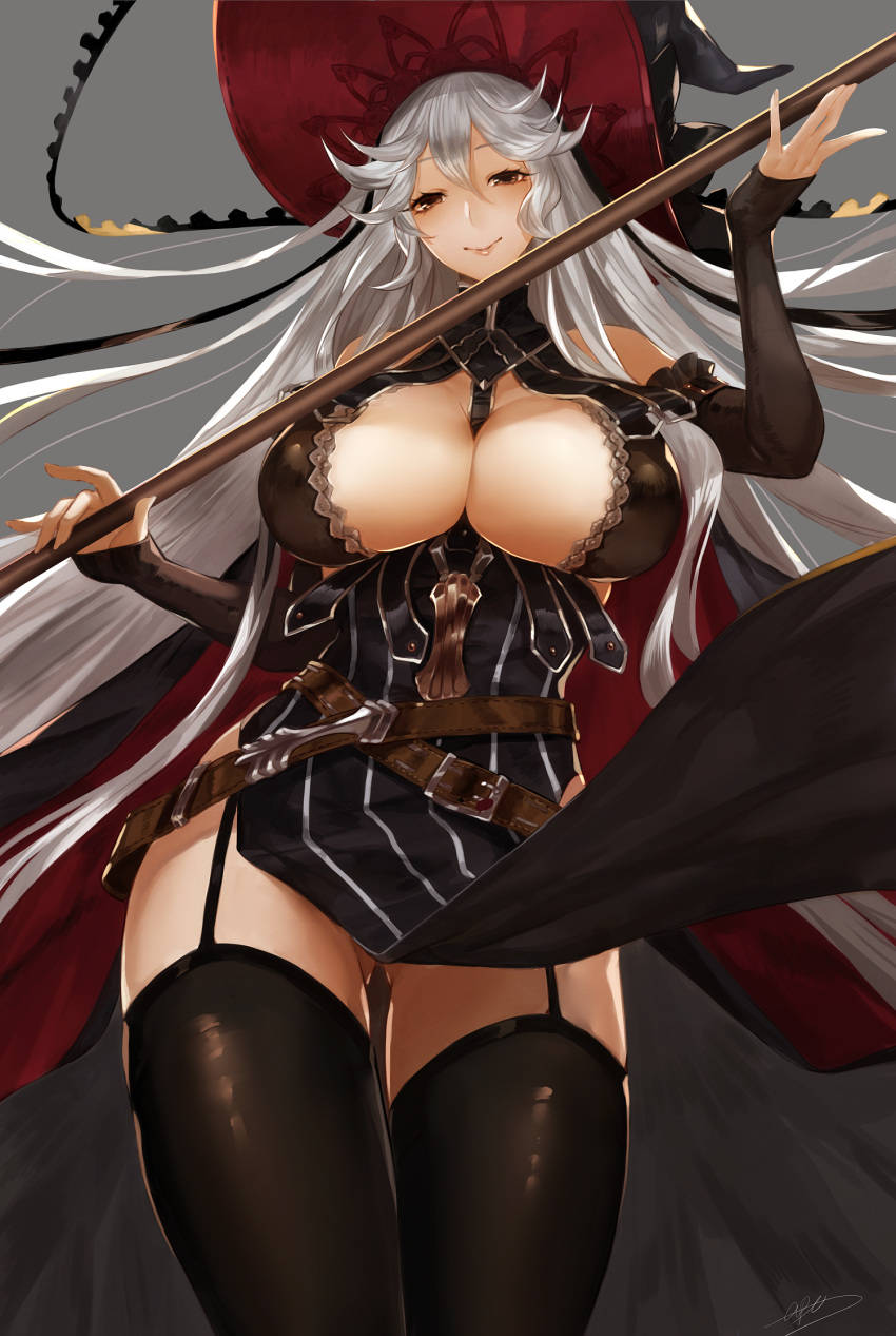 1girl apt black_legwear breasts brown_eyes cleavage garter_straps granblue_fantasy grey_background hat highres huge_breasts long_hair magisa_(granblue_fantasy) silver_hair simple_background solo staff thigh-highs very_long_hair witch_hat