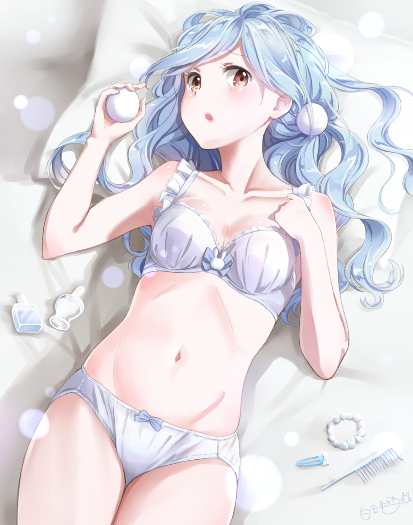 1girl bed_sheet blue_hair blush bottle bow bow_bra bow_panties bra breasts brown_eyes cleavage collarbone from_above groin hair_brush hair_ornament hairpin highres lens_flare long_hair looking_at_viewer lying navel on_back open_mouth original panties perfume_bottle pillow scrunchie shiratama_akane signature small_breasts solo underwear underwear_only wavy_hair white_bra white_panties