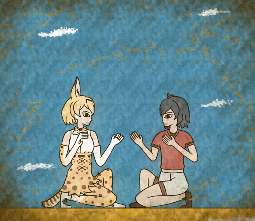 2girls animal_ears backpack bag bare_shoulders black_eyes black_hair blonde_hair blue_background bow bowtie brown_shoes closed_mouth commentary_request crack egyptian_art elbow_gloves from_side full_body gloves high-waist_skirt highres kaban_(kemono_friends) kemono_friends kita_(7kita) multiple_girls no_gloves no_hat no_headwear no_legwear one_knee profile red_shirt serval_(kemono_friends) serval_ears serval_print serval_tail shirt shoes short_hair short_sleeves shorts skirt sleeveless sleeveless_shirt striped_tail tail thigh-highs white_shirt white_shoes white_shorts