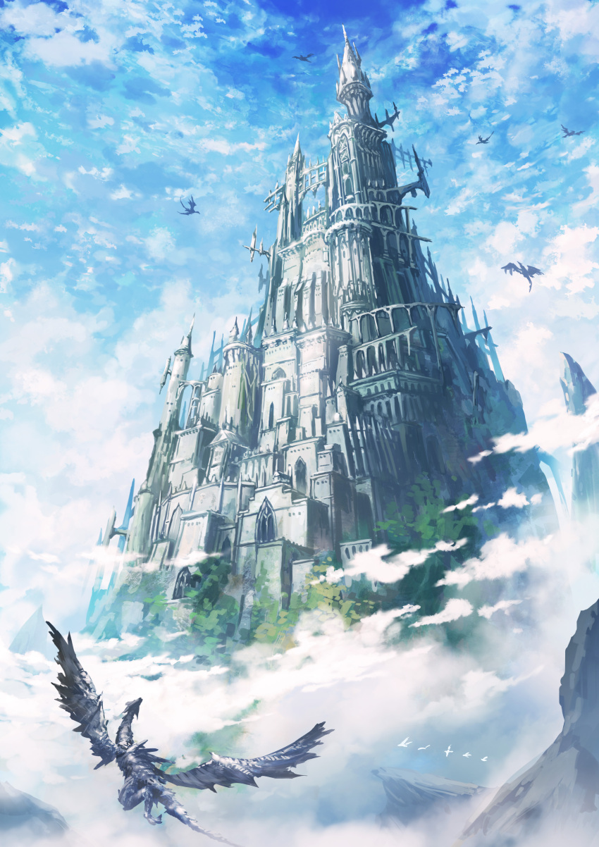 absurdres arch architecture blue_sky bridge castle clouds cloudy_sky commentary_request day dragon flying fog gothic_architecture graphite_(medium) highres mitsuki_(yu_hsiang_yi) mountain no_humans outdoors scenery sky traditional_media