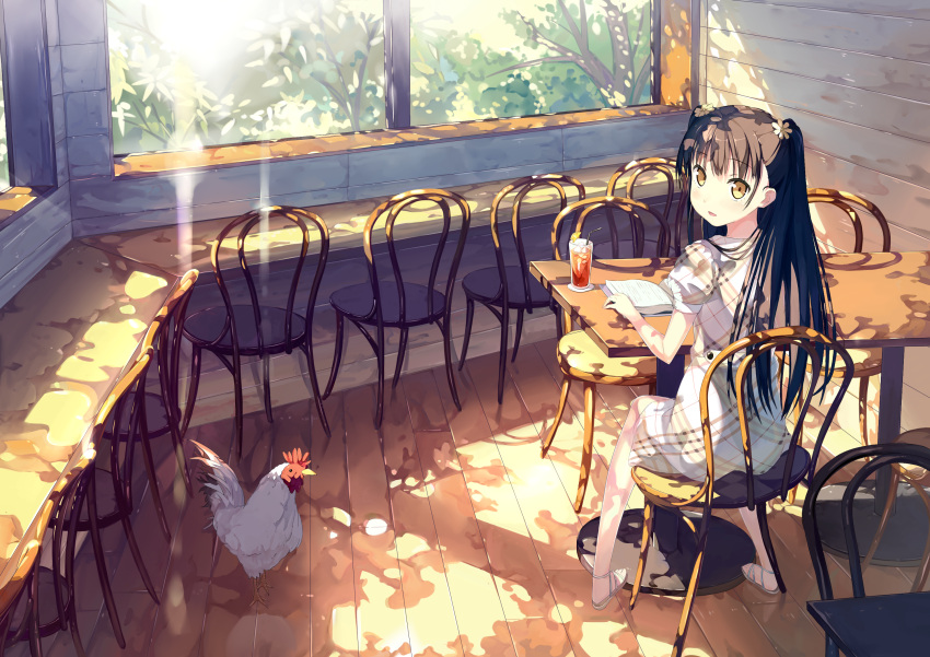 1girl araragikoyomis bangs bird blush book brown_hair chair chicken commentary_request cup dappled_sunlight derivative_work dress drinking_glass drinking_straw eyebrows_visible_through_hair hand_on_table highres light_brown_eyes long_hair looking_at_viewer looking_back on_chair open_book parted_lips puffy_short_sleeves puffy_sleeves rooster shadow short_sleeves sitting smile solo summer sunlight table tree two_side_up window