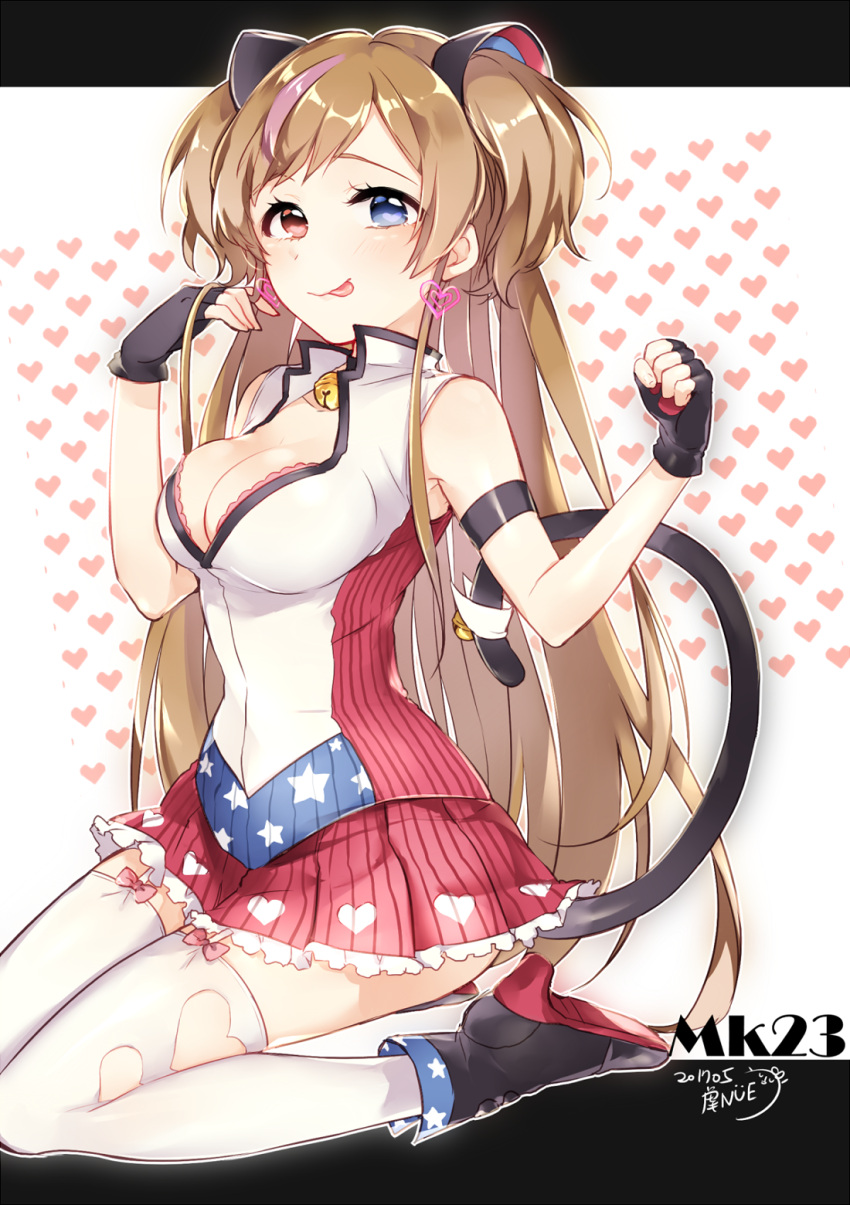 1girl :p artist_name bangs black_boots black_gloves blue_eyes blush boots breasts brown_hair character_name closed_mouth dated earrings fingerless_gloves girls_frontline gloves hands_up heart heart_background heart_earrings heart_print heterochromia highres jewelry large_breasts leafwow looking_at_viewer mk_23_(girls_frontline) multicolored_hair pink_hair pink_skirt red_eyes seiza sidelocks signature sitting skirt smile solo streaked_hair tareme thigh-highs tongue tongue_out torn_clothes torn_thighhighs two_side_up vest white_legwear