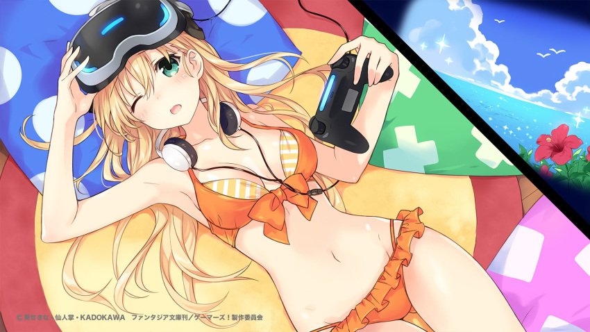 1girl arm_up bangs beach bikini blonde_hair blush breasts collarbone controller copyright_name eyebrows_visible_through_hair flower game_controller gamers! hand_up headphones headphones_around_neck hibiscus highres holding horizon long_hair looking_at_viewer lying medium_breasts ocean on_back one_eye_closed open_mouth orange_bikini outdoors red_flower solo swimsuit tareme tendou_karen tsunako virtual_reality visor watermark