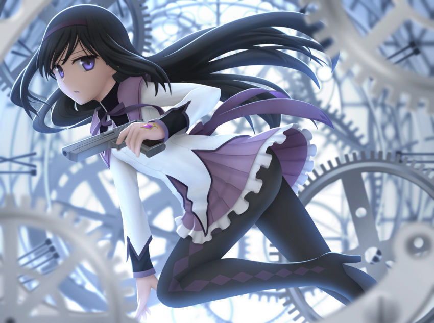 1girl akemi_homura argyle argyle_legwear bangs black_legwear blurry boots depth_of_field eyebrows_visible_through_hair finger_on_trigger from_side gears gun hairband high_heel_boots high_heels holding holding_gun holding_weapon jewelry knee_up long_hair looking_at_viewer mahou_shoujo_madoka_magica pantyhose parted_lips purple_skirt ring siraha skirt solo tsurime violet_eyes weapon