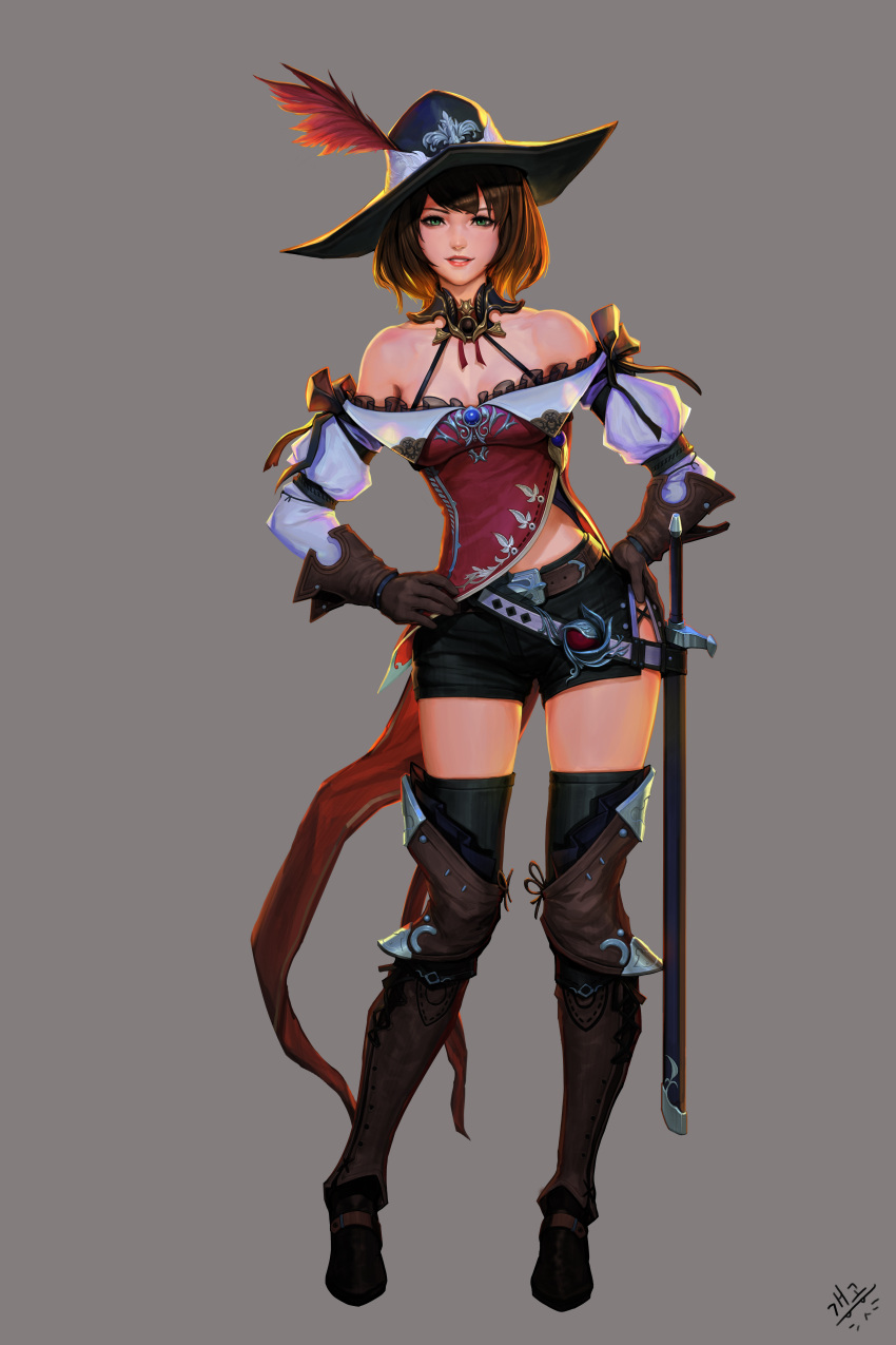 1girl absurdres arm_garter bare_shoulders belt black_legwear black_shorts bob_cut boots breasts brown_hair cleavage daejun_park detached_collar elbow_gloves frilled_shirt frills full_body gloves green_eyes grey_background hands_on_hips hat_feather highres leaning_to_the_side looking_at_viewer original parted_lips realistic scabbard sheath shirt short_hair short_shorts shorts side_slit side_slit_shorts signature smile standing sword teeth thigh-highs thigh_boots thighs weapon